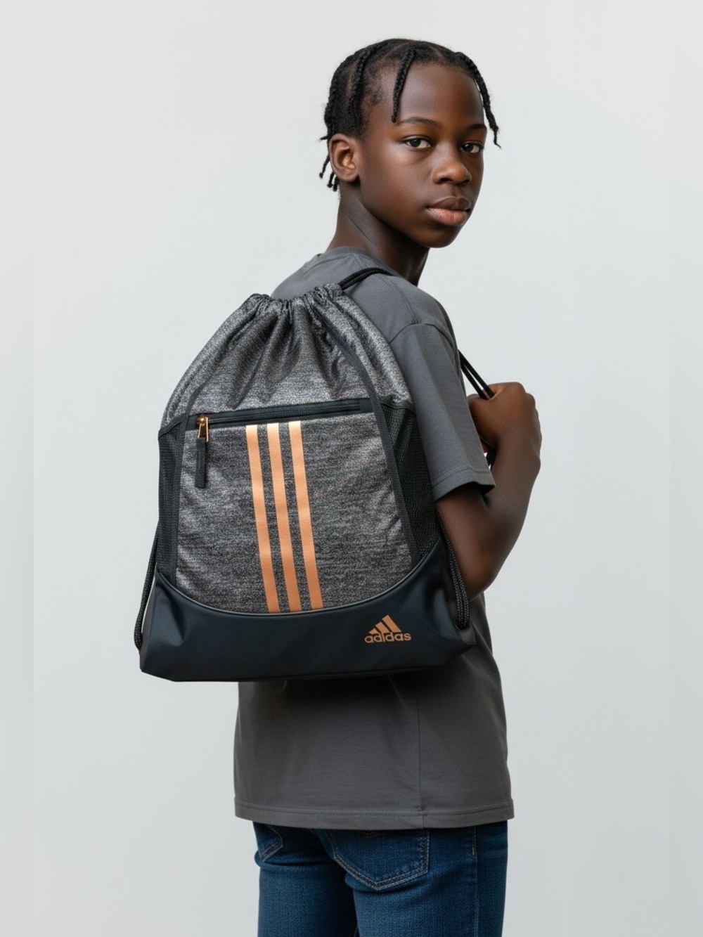adidas Gray Drawstring Backpack Copper Stripes Gym Athletic Luggage’s Durable